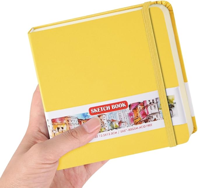 Square 5x5 inches 80gsm 96sheets/192 Pages Notebooks Blank Sketchbooks Travel Journal Pocket Hardcover Paint Writing Diary Memo Planner PU Leather Cover. Yellow