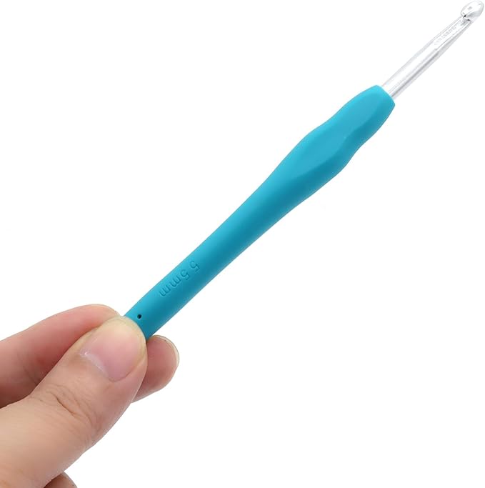 6Pcs 5.5mm Aluminum Soft Grip Rubber Ergonomic Handle Crochet Hook Knitting Needles US Size I (Size 9) for DIY Yarn Craft,Nice Gift for Women Adults Kids Children Beginners (Blue)