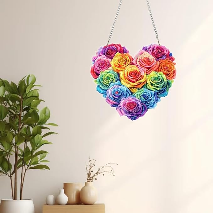 Masendp Multicolored Roses Hanging Diamond Art Kits for Adults, Special Shaped Heart-Shaped Diamond Painting Pendant Ornaments Kit DIY Crystal Rhinestone Gem for Home Decoration and Gifts