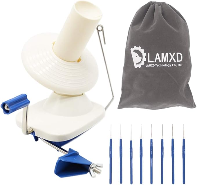 LAMXD Needlecraft Yarn Ball Winder Hand Operated,Capacity 4-Ounce,Blue,Portable Package,Easy to Set Up and Use,Sturdy with Metal Handle and Tabletop Clamp,Including 8 Sizes Crochet Hooks Set