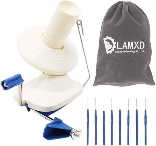 LAMXD Needlecraft Yarn Ball Winder Hand Operated,Capacity 4-Ounce,Blue,Portable Package,Easy to Set Up and Use,Sturdy with Metal Handle and Tabletop Clamp,Including 8 Sizes Crochet Hooks Set