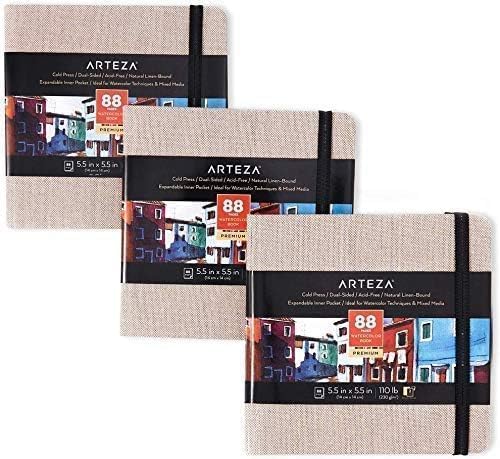 ARTEZA Watercolor Journals, Pack of 3, 5.5 x 5.5 Inches, 88 Pages Each, 110 lb / 230 gsm, Cold Press, Dual-Sided, Acid-Free Linen-Bound Hardcover Books for Watercolor and Fluid Media