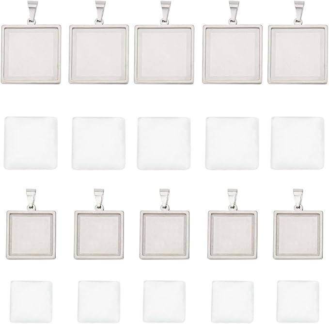 SUNNYCLUE 1 Box 20Pcs Pendant Tray Set Blank Bezel Pendant Trays Stainless Steel Charm Blanks Cabochon Settings Cabochon Bezels for Jewelry Making DIY Findings Supplies