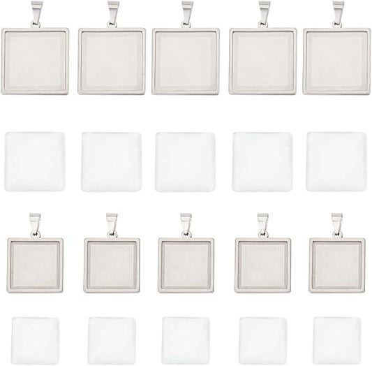 SUNNYCLUE 1 Box 20Pcs Pendant Tray Set Blank Bezel Pendant Trays Stainless Steel Charm Blanks Cabochon Settings Cabochon Bezels for Jewelry Making DIY Findings Supplies