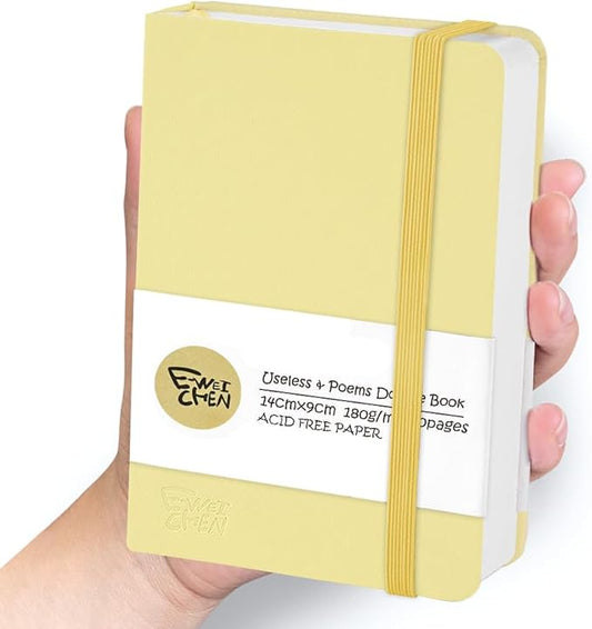 Mix Media Pad,3.5"x5.5" Small Hardcover Leather Art Sketchbook,60 Sheets(112lb/180gsm) Heavyweight Acid Free Artistic Painting Drawing Sketching Paper, Handy Pocket Journal Sketchbook.Lemon Yellow