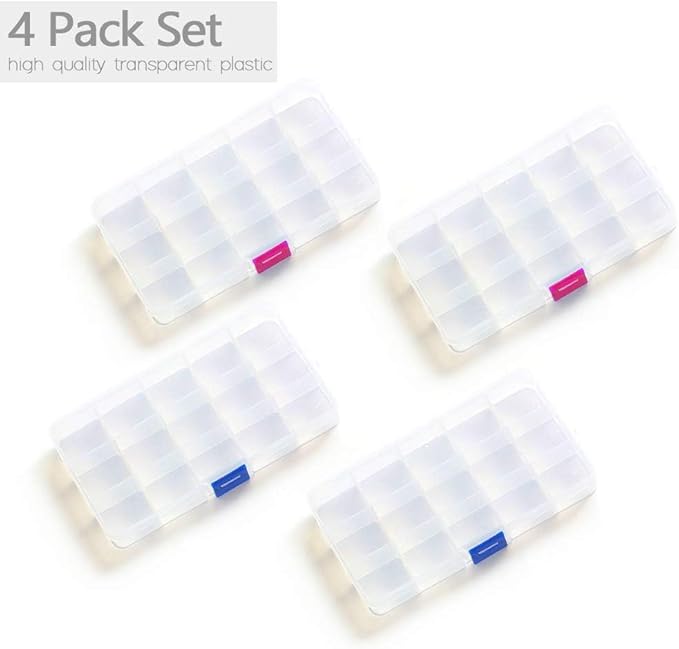 Opret 15 Grids Bead Organizer(4 Pack), Earring Organizer Box, SMALL Plastic Clear Organizing Containers with Adjustable Dividers for Crafts Jewelry Screws Small Items, Size 6.9×3.9×0.9in