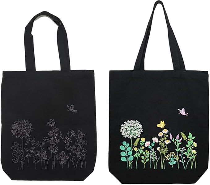 VWV-Whizzing Embroidery Canvas Tote Bag DIY Kit for Beginners, Complete with Pattern, Hoops, Color Threads, Tools & Detailed Instructions for Adults (13X15(in) Black-Bu)