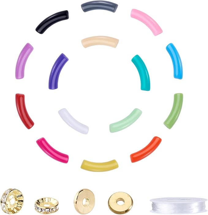 150Pcs Acrylic Chunky Tube Beads with Rondelle Brass Rhinestone Spacer Beads & Elastic Crystal Thread, 15 Colors Long Noodle Curved Tube Beads for Bamboo Bangles Bracelet Jewelry Making