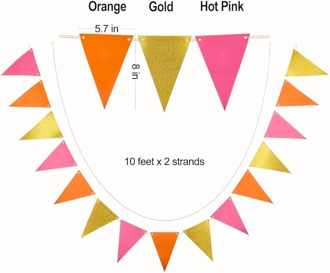 Hot Pink Orange and Gold Pennant Banner Paper Bunting Hanging Decoration for Graduation Birthday Autumn Fall Groovy Theme Party, Pack of 30 Counts Pennant, 20 feet