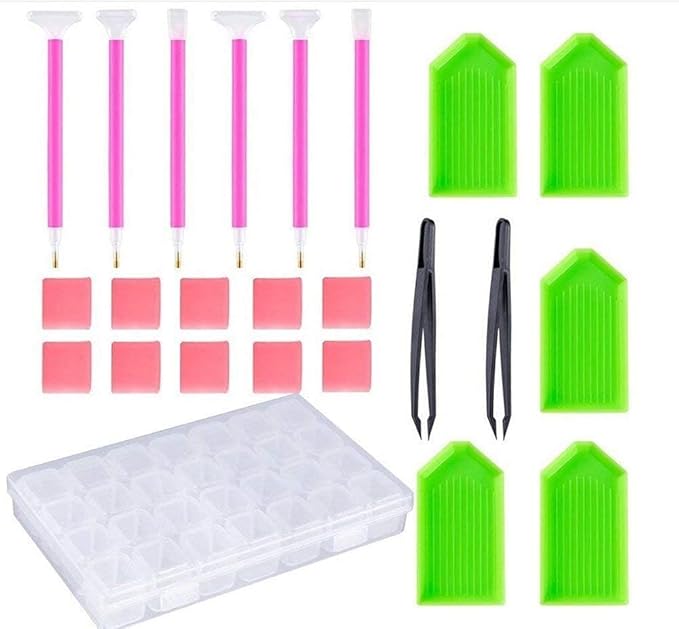 YEESAM ART 24 Pieces Rhinestone Painting Tools Kit, Luxury 5D DIY Rhinestone Art Tools Accessories Set Including Sticky Pens Tweezers Glue Plastic Tray and Rhinestone Box