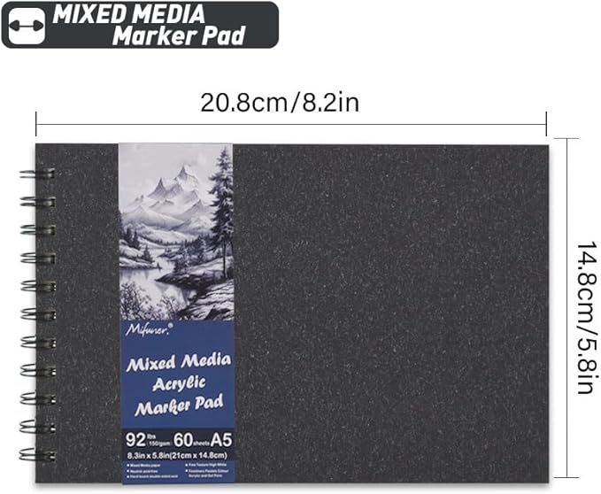 5.8" x 8.3" Mixed Media Sketch Book,Spiral Bound Hardcover Sketchbook,60 Sheets 92lb/150gsm Neutral White Acid Free Paper,Art Journal Sketchbook for Drawing Writing Sketching Illustration,Black