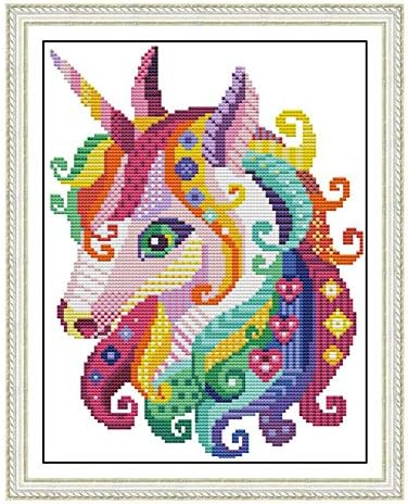 stitchmelody easy stamped cross stitch kits for beginners,11ct printed pattern embroidery kit,dmc threads sewing pattern needlepoint kits for adults-colorful unicorn 11''x15.3''