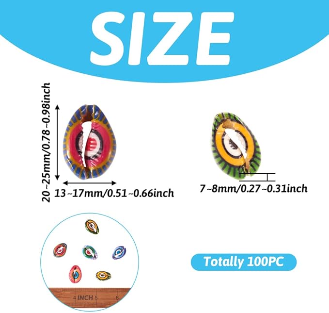 Cheriswelry 100pcs Printed Cowrie Shell Beads Undrilled Colorful Evil Eye Seashells Beach Beads Smooth Cut Oval Shell Beads Charms 20~25mm for DIY Craft Earring Bracelet Necklace Jewelry Making