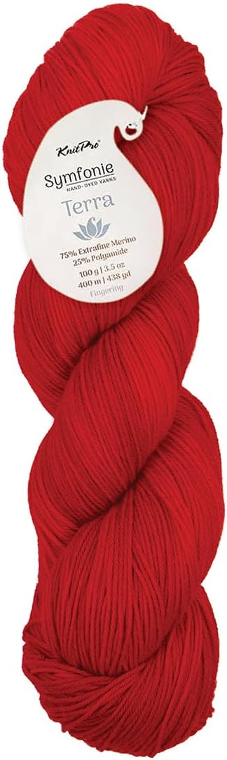 KnitPro Symfonie Fingering Weight Hand Dyed Semi-Solid Yarn Skein | Extra Fine Merino Wool & Polyamide Blend for Knitting & Crocheting, Oeko-TEX Certified 400m, 100g | Terra Scarlet