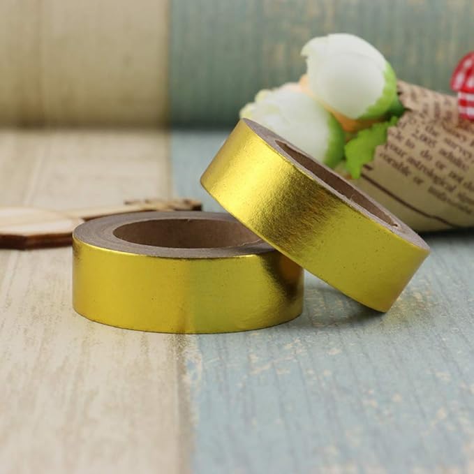 6 Rolls Solid Yellow Gold Foil Washi Tape Set 15mm x 10m Length Gilding Stamping Paper Adhesive Masking Tapes Sticky Paper Tape for DIY Scrapbooking Bullet Crafts Art Journal Home Decoration