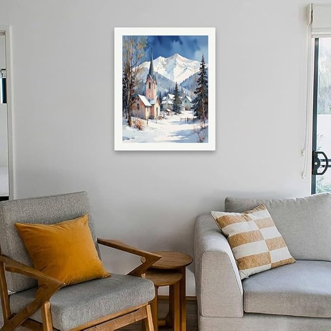 Winter Paint by Numbers Kit for Adults - DIY Snowy Mountain Village and Church Painting on Rolled Canvas 16x20In, Acrylic Paint Set, Suitable for Beginners, Seasonal Art for Home Decoration or Gifts