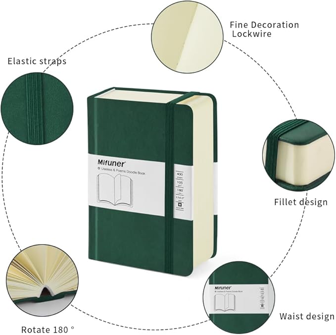 Mifuner Small Rectangle 3.5x5.5 200 Sheets 105gsm Mini Notebooks Blank Pages Sketchbooks Pocket Paint Writing Diary Memo PU Leather Cover Green