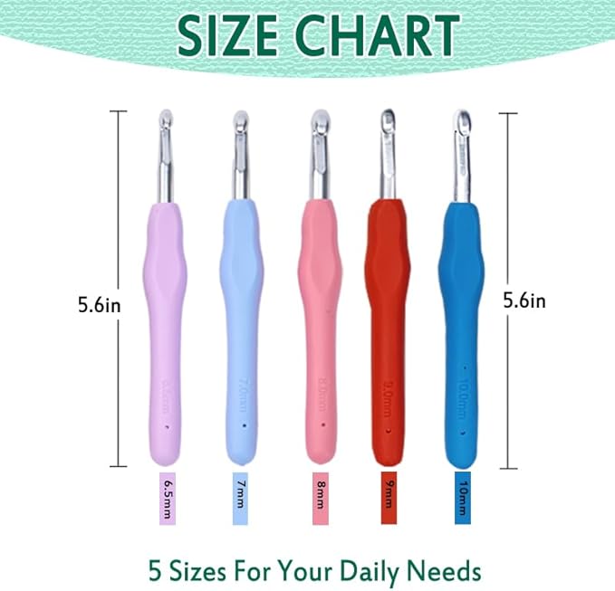 YAWIKO Crochet Hooks Set, Ergonomic Crochet Hooks with case for Arthritic Hands, Lightweight Crochet Knitting Needles Accessories for Beginners and Arthritis Hands (Large-5 Size (6.5-10.0mm))