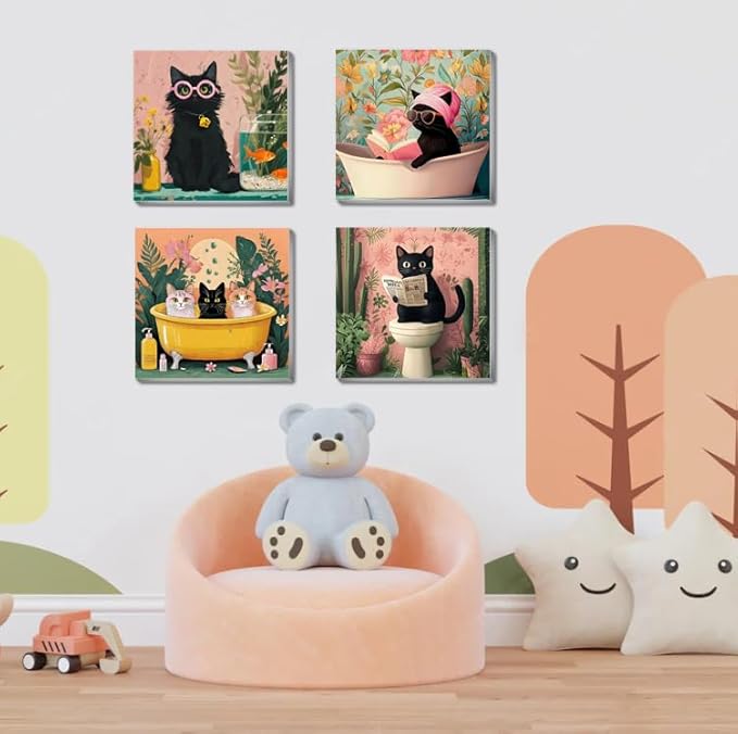 Canrichshop 4 Pack Cat Paint by Numbers for Beginner,Black Cat Adult Paint by Number Kits on Canvas Framed, DIY Number Paintings for Adults for Wall Home Decor 8X 8 inch