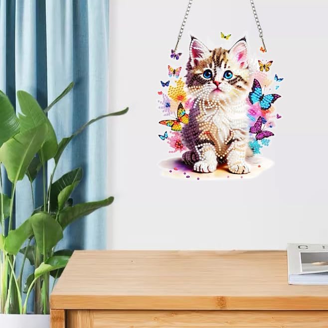 Masendp Butterfly Cat Diamond Art Pendant Set for Adults, 5D Special Shape Diamond Painting Cat Window Pendant Kit, Animal Gem Art Catcher Decoration Home Garden Wall Decoration