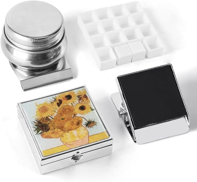 Portable Mini Tin Box 14-Well Empty Watercolor Palette Paint Mixing Tray is a Small Storage Travel Kit with Magnetic Clip and Oil Pot, Perfect for Outdoor Sketching and DIY Painting.Sunflower