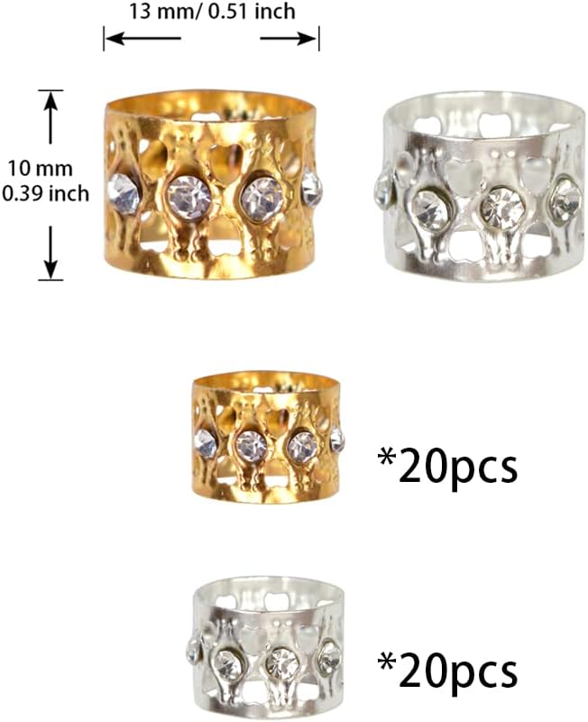 40 Pcs Dreadlocks Beads Rhinestone Hair Ring Aluminum Adjustable Metal Cuffs Hair Decorations Rings Clips (20 Pcs Golden and 20 Pcs Silver)