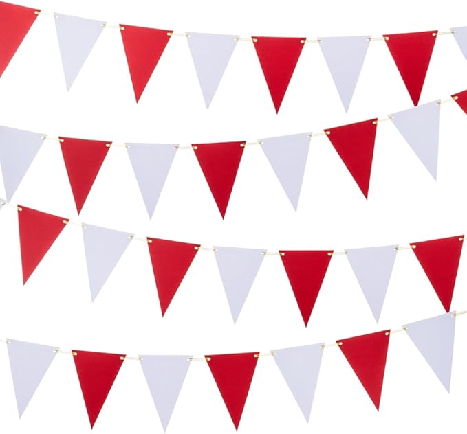 Red White Pennant Banner Paper Bunting Hanging Decoration for Birthday Graduation St.George's Day England Party, Pack of 30 Counts Pennant, 20 feet