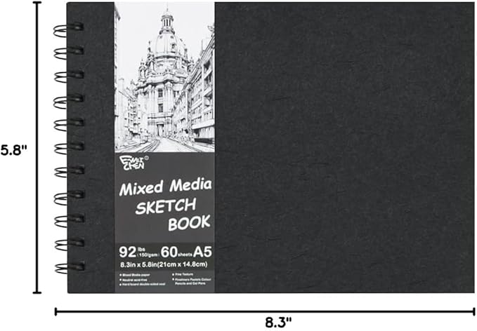 5.8x8.3in Sketch Book, 60Sheets Spiral Bound Notebooks, Natural White 92lbs/150gsm Acid-Free Drawing Paper for Painting,Sketching, Professional Sketch Pad for Artists, Beginners. NW-Black