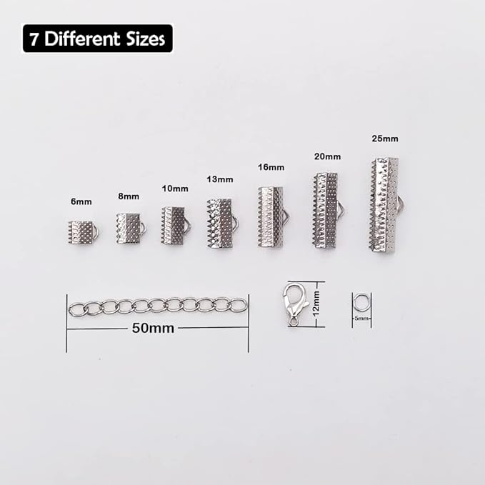 INSPIRELLE 100 Sets Assorted Size Rhodium Ends for Ribbon Bracelet Bookmark Making Crimps Kit with Lobster Clasps and Chain Extenders