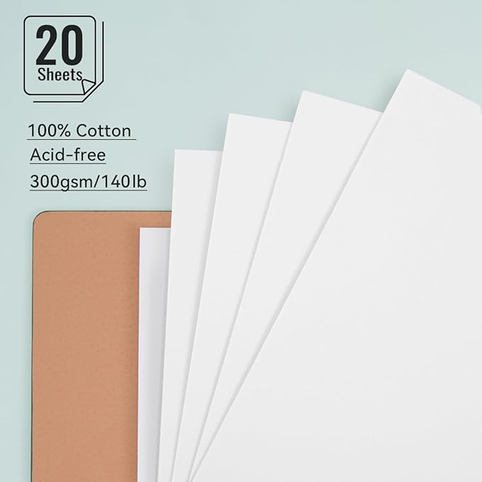 Lightwish Watercolor Sketchbook,100% Cotton Acid Free Watercolor Journal,300gsm/140lb Hot Press Watercolor Paper for Artists,Adults,Students,20 Sheets,9.25 * 6.3 Inches
