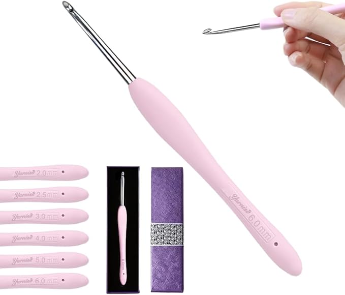 Yarniss 6.0mm Stainless Steel Crochet Hook with Deep Throat, Ergonomic Crochet Hook with Grip for Arthritic Hands, Pointed Crochet Head