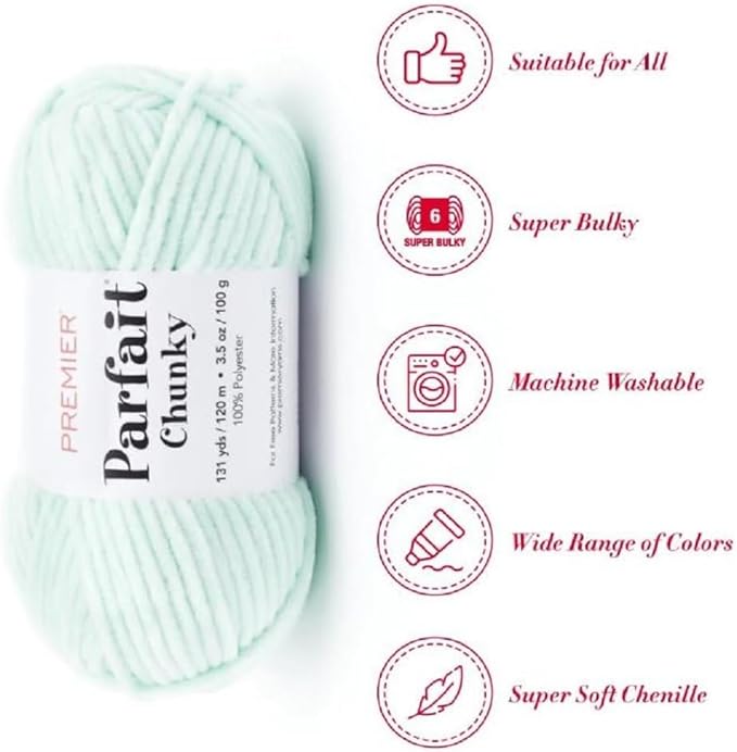 Premier Yarns Parfait Chunky Chenille Yarn 3.5 Oz 6 Super Bulky Weight 3 Pack Bundle with Bella's Stitch Place Holders (Mint)