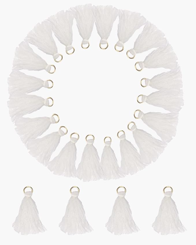 MSCFTFB 100 Pieces Mini Tassels Mala Tassel Kit with Jump Rings for Earring Necklace Jewelry Making Garland Keychain Charms Crafts Decorations (White)