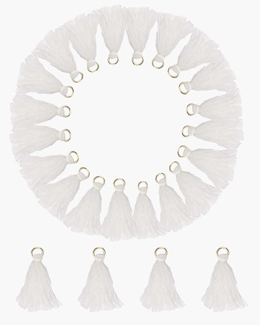 MSCFTFB 100 Pieces Mini Tassels Mala Tassel Kit with Jump Rings for Earring Necklace Jewelry Making Garland Keychain Charms Crafts Decorations (White)