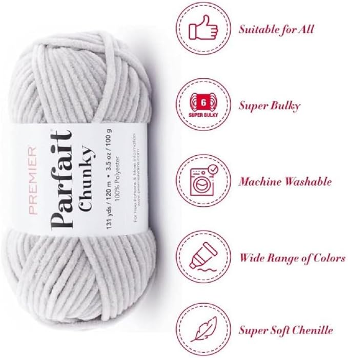Premier Yarns Parfait Chunky Chenille Yarn 3.5 Oz 6 Super Bulky Weight 3 Pack Bundle with Bella's Stitch Place Holders (Fog)