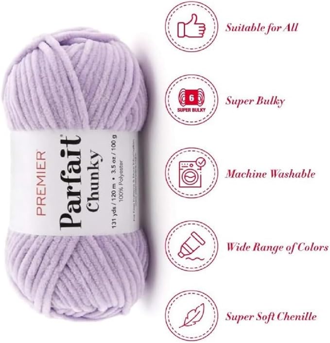 Premier Yarns Parfait Chunky Chenille Yarn 3.5 Oz 6 Super Bulky Weight 3 Pack Bundle with Bella's Stitch Place Holders (Lilac)