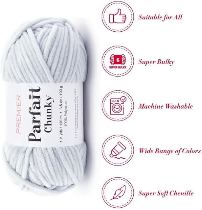 Premier Yarns Parfait Chunky Chenille Yarn 3.5 Oz 6 Super Bulky Weight 3 Pack Bundle with Bella's Stitch Place Holders (Pale Gray)