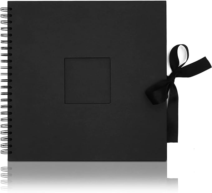 Juvale Spiral-Bound Scrapbook Album - Silk Ribbon Cover for Wedding Scrapbook - Durable Hardcover Black Paper Photo Albums - Complete Scrapbooking Supplies Kit, 80 Pages - 12.25 x 12.25 in, Black