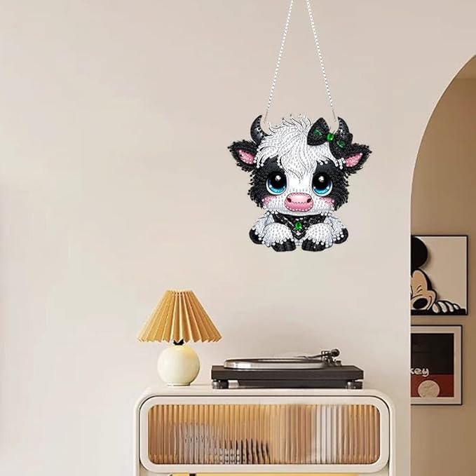 RYMILIE Diamond Art Hanging Kits for Adults,Cow Special Shaped Diamond Painting,Double Sided 5D DIY Acrylic Diamond Art Painting Window Pendants Home Garden Wall Hanging Kits Cow Ornament.