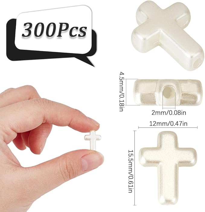 SUNNYCLUE 1 Box 300Pcs White Cross Beads Crosses Beads Small Bulk Pure Plastic Sunday Rosary Loose Spacer Crucifix Imitation Pearl Beads for Bracelets Beading Necklaces Keychains Supplies Women Adult