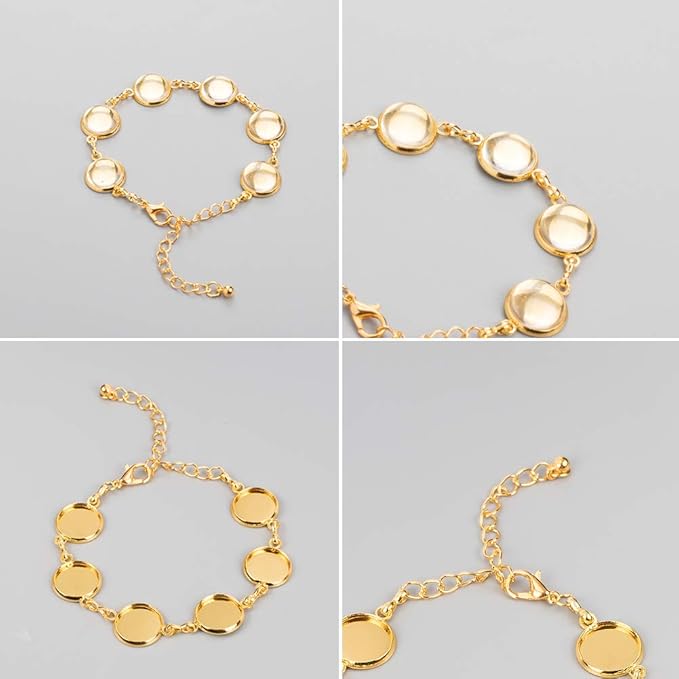 PH PandaHall 10pcs Adjustable Bracelet Chain, 12mm Bracelet Bezel Settings for Jewelry Making with 6 Tray Blank, 60pcs 12mm Clear Glass Cabochons for DIY Bracelets Making, Silver & Golden
