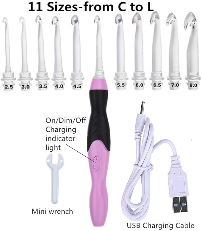 Yarniss Lighted Crochet Hooks Set - 11 Sizes Light Up Crochet Hooks with Case,Rechargeable Crochet Hook with Light,2.5mm to 8mm