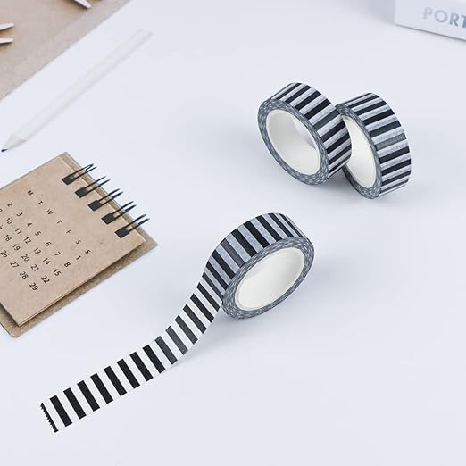 MEI YI TIAN 3pcs Black Stripe Washi Tape Set Labeling Decorative Paper Adhesive Masking Tapes for DIY Journal Decor Planners Arts Crafts Gift Box Wrapping Adesive Tape
