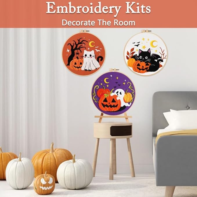 Nuberlic Halloween Embroidery Kits - 3 Pack Easy Embroidery kit for Adults Beginners Starter Cross Stitch Kit DIY Needlepoint with Pre-Printed Fabric, Hoop, Thread, Needles & Step-by-Step Guide