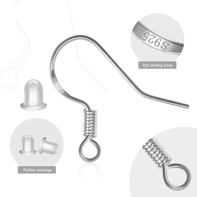 menkey 925 sterling silver earring hooks 120 pcs/60 pairs hypoallergenic ear wires fish hooks for jewelry making, jewelry findings parts with 120 pcs rubber earring backs stopper for diy earrings