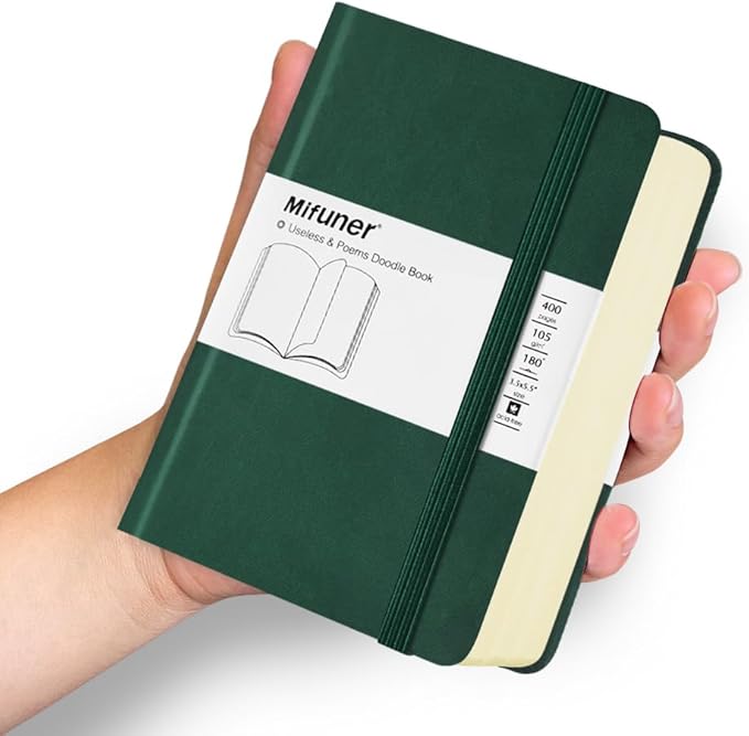 Mifuner Small Rectangle 3.5x5.5 200 Sheets 105gsm Mini Notebooks Blank Pages Sketchbooks Pocket Paint Writing Diary Memo PU Leather Cover Green