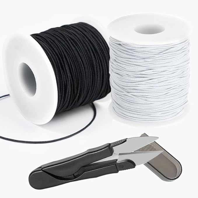 Elastic String for Bracelets 1mm, QBJAYTY 328FT Elastic Bracelet String Cord for Bracelet Making, Stretchy Stretch Bracelet String Cord Thread with Scissors for Beads Beading (Black White 1mm)