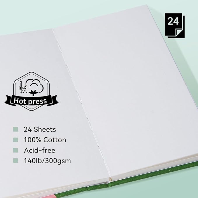 2 Pack Arrtx Watercolor Journal, 7.28x4.13'', 140 LB, 300 GSM, 100% Cotton Paper, Hot Press, 48 Sheets, Hardcover Watercolor Sketchbook for Use As Travel Notebook for Artists Adults Students