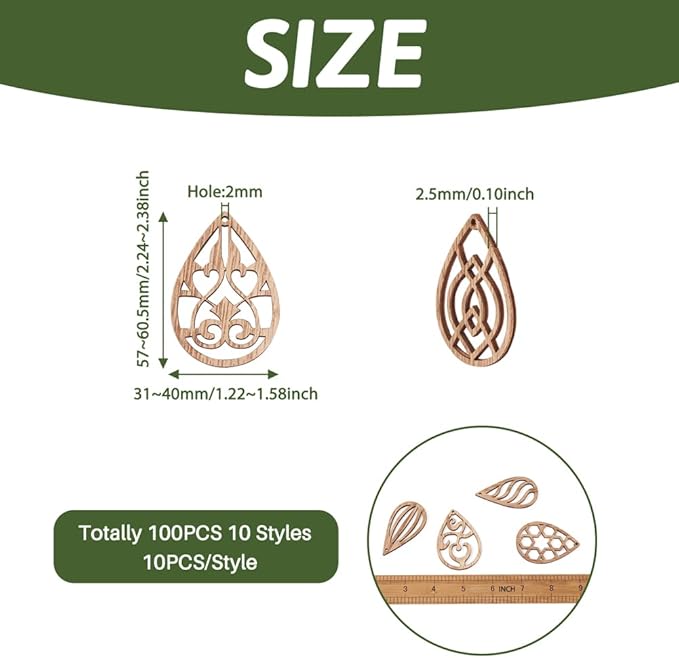 Elecrelive 100pcs Wood Earring Blanks Filigree Teardrop Pendants Unfinished Wooden Cutout Craft Wood Pieces for DIY Jewelry Making Hanging Ornaments