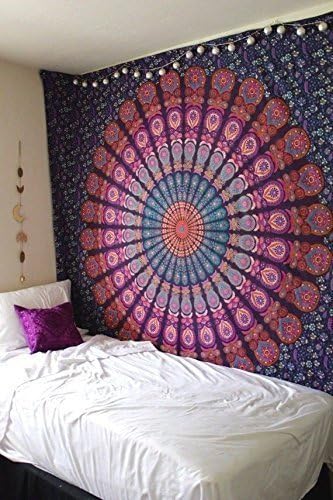 bless international handmade indian hippie bohemian psychedelic peacock mandala wall hanging college dorm beach throws table cloth bedding tapestry (purple pink, king(88x104inches)(225x265cms))